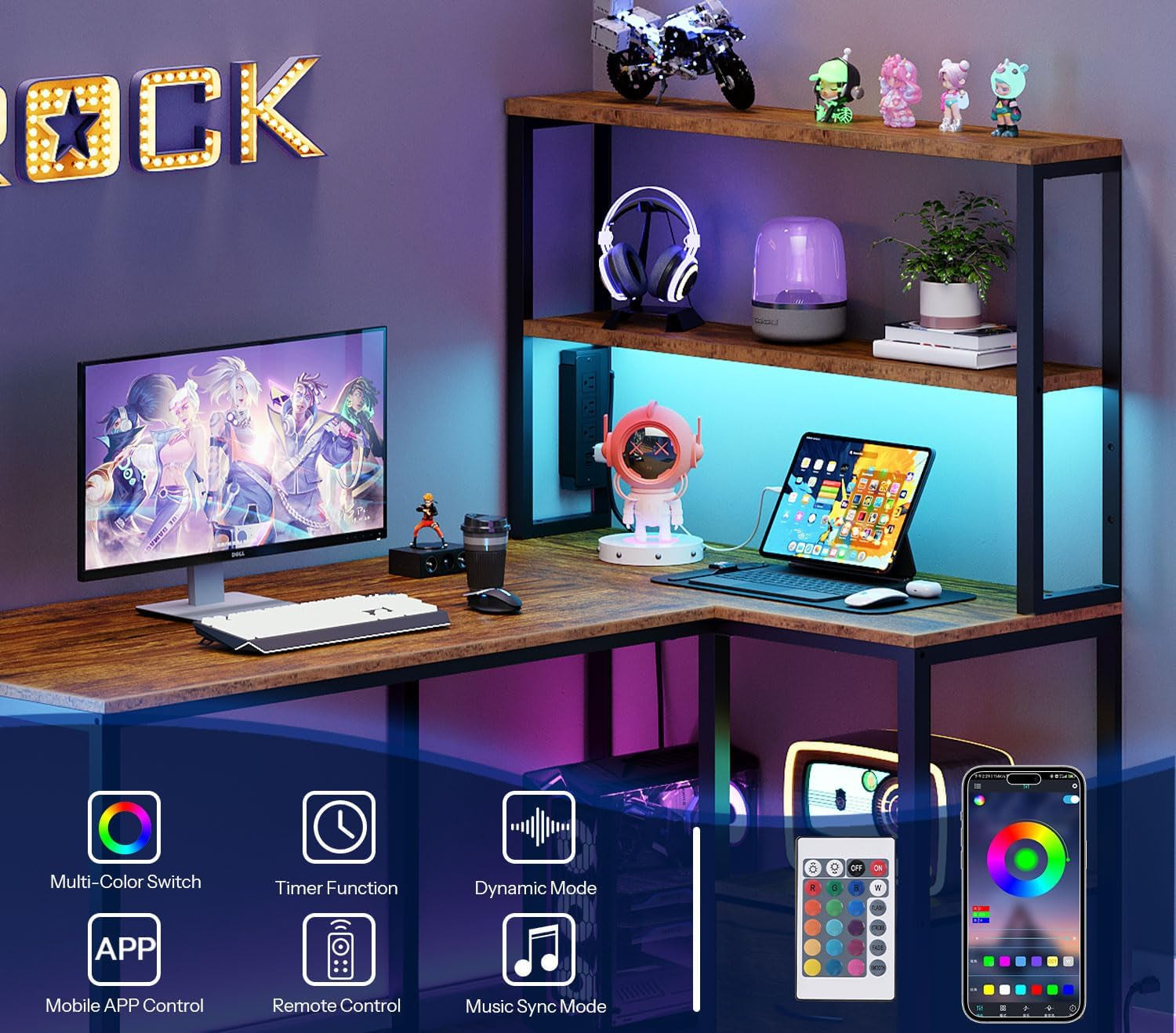 L Shaped Gaming Desk, 46 Inch Reversible Computer Desk with LED Light & Power Outlet, Office Desk with Storage Shelves & Drawer, for Home Office, Study, Rustic Brown and Black BF18UDDN01