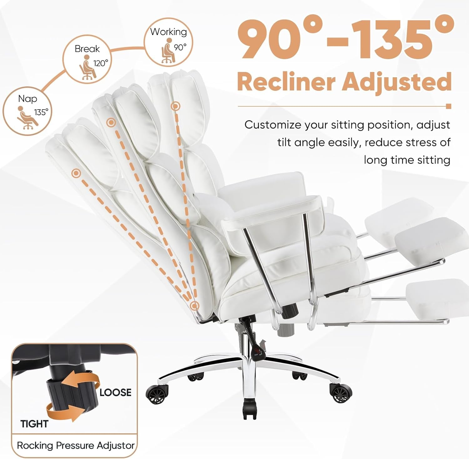 Executive Home Office Desk Chair - Ergonomic Big Tall High Back with Footrest & Lumbar Support, Reclining Height Adjustable, Comfy PU Leather Computer Gaming with Swivel Wheels, White