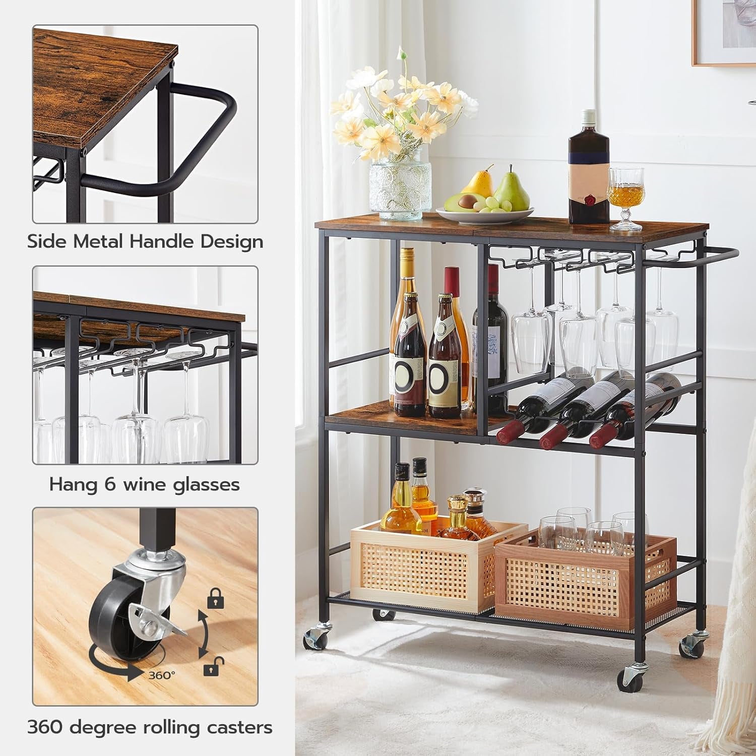 Bar Cart for the Home, 29.5 Inches 3-Tier Serving Cart with Wheels, Rolling Kitchen Cart with Wine Rack and Glass Holder for Living Room, Party, Bar, Rustic Brown and Black BF21TC01G1