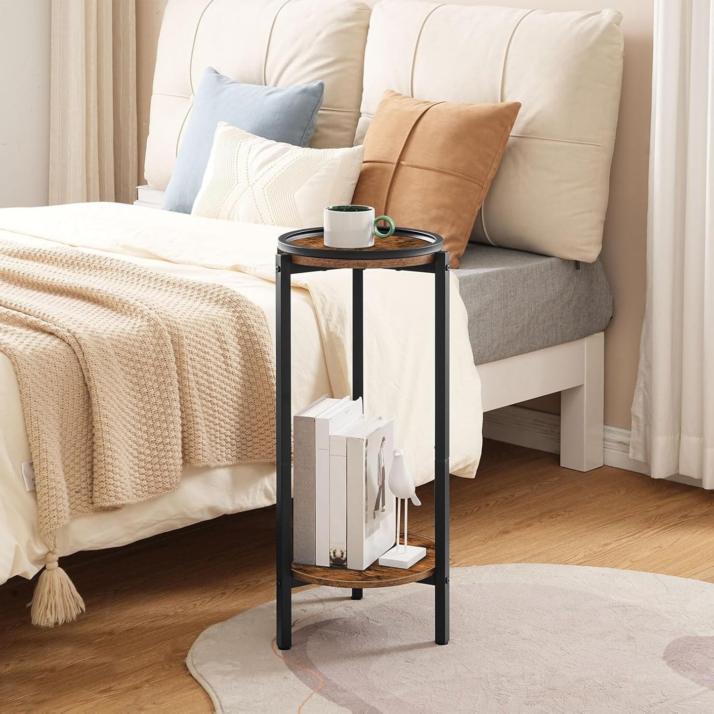 Small round Side Table, Coffee Drink Table for Sofa Couch Corner, 28.7" H Slim round Nightstand, Circle Wooden Accent Pedestal Table for Living Room, Bedroom, Rustic Brown and Black BF167BZ01