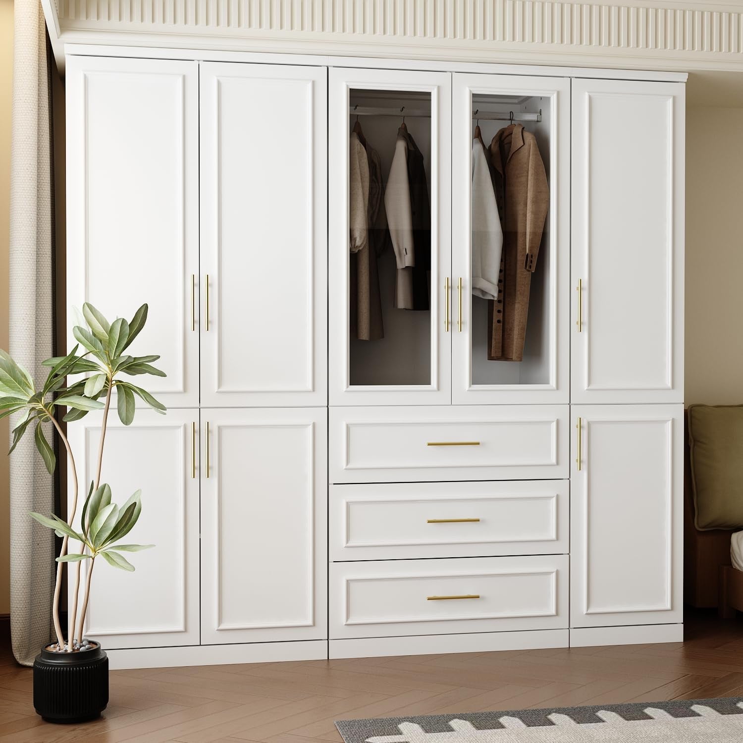 Wardrobe Closet Collection with Doors, Modern White Bedroom Armoire System with Gold Handles, Modern Clothes Storage Cabinet with Drawers, Shelves, Hanging Rods, 79.1”W X 19.3”D X 74.8”H