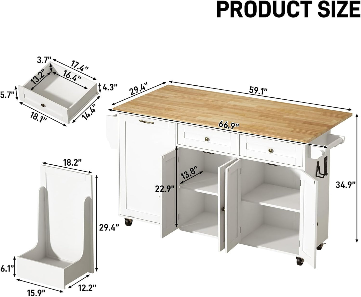 67" Large Movable Kitchen Island W/Sliding Drop Leaf,Power Outlet, Kitchen Rolling Island Cart W/ 2 Drawers, Island Table on Wheels W/ Trash Storage Cabinet,Spice Rack, Towel Bar,Garage Hook, White