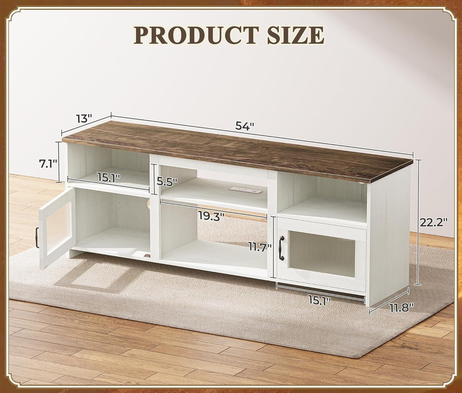 TV Stand for 60 Inch TV, TV Console Cabinet with Power Outlets and LED Lights, 54 Inch Entertainment Center, 2 Acrylic Cabinets, 4 Cable Holes, Open Shelves, for Living Room, Distressed White