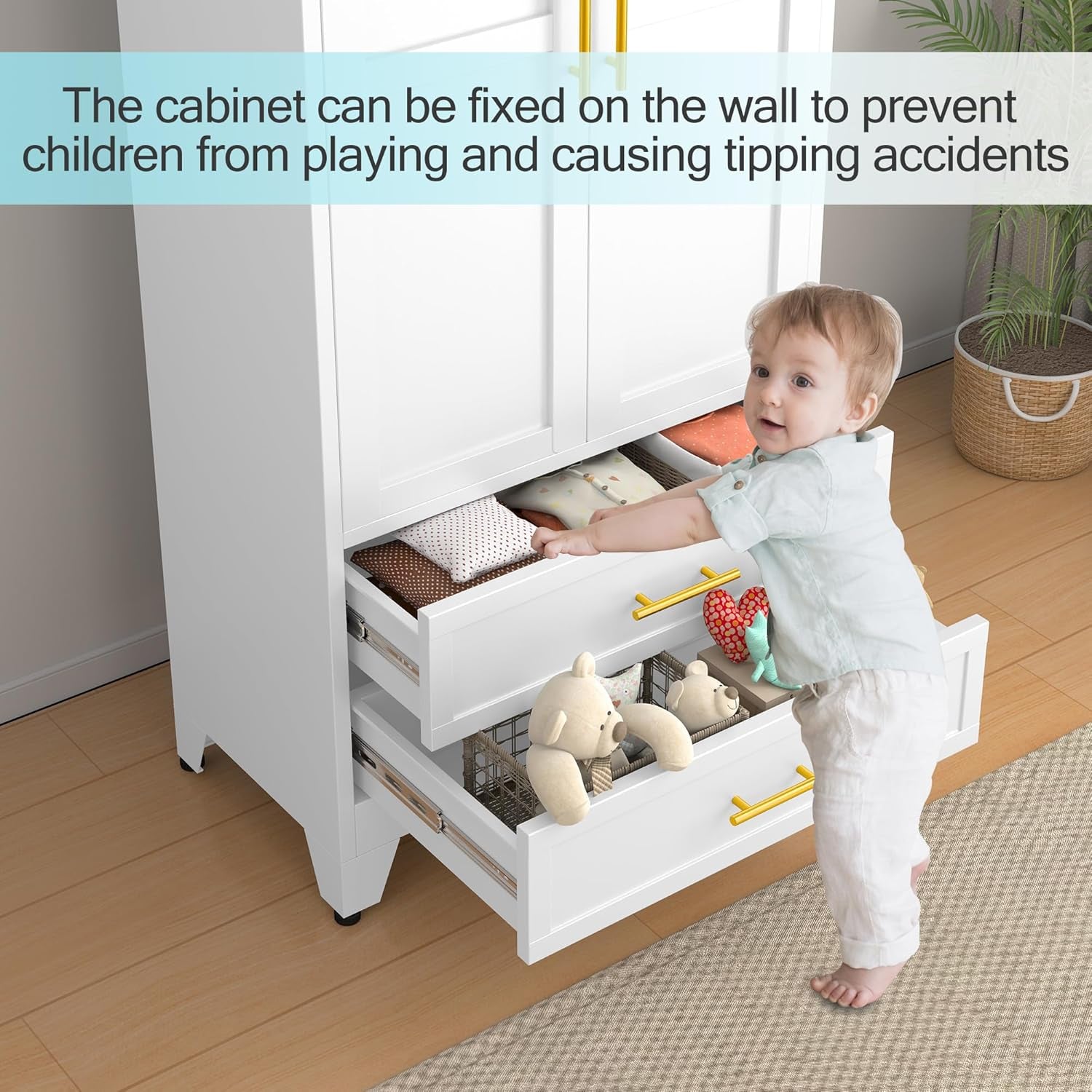 Metal Armoire Wardrobe Closet, 71 "Metal Clothing Storage Cabinet with Adjustable Shelves and Hanging Rod, Household Steel Wardrobe Storage Cabinet with Drawers (Armoire-White)