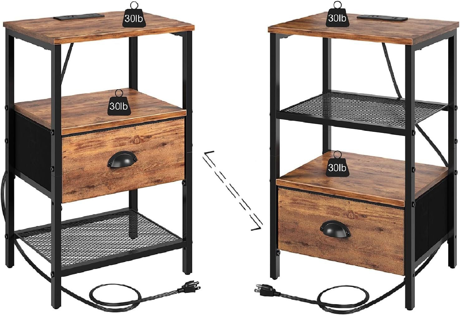 Nightstands Set of 2, Night Stands with Charging Station and Fabric Drawer, Bedside Tables with Storage, 2- Tier Side Table with Open Shelf, Nightstands with Charging Station,Rustic Brown