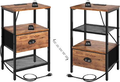 Nightstands Set of 2, Night Stands with Charging Station and Fabric Drawer, Bedside Tables with Storage, 2- Tier Side Table with Open Shelf, Nightstands with Charging Station,Rustic Brown