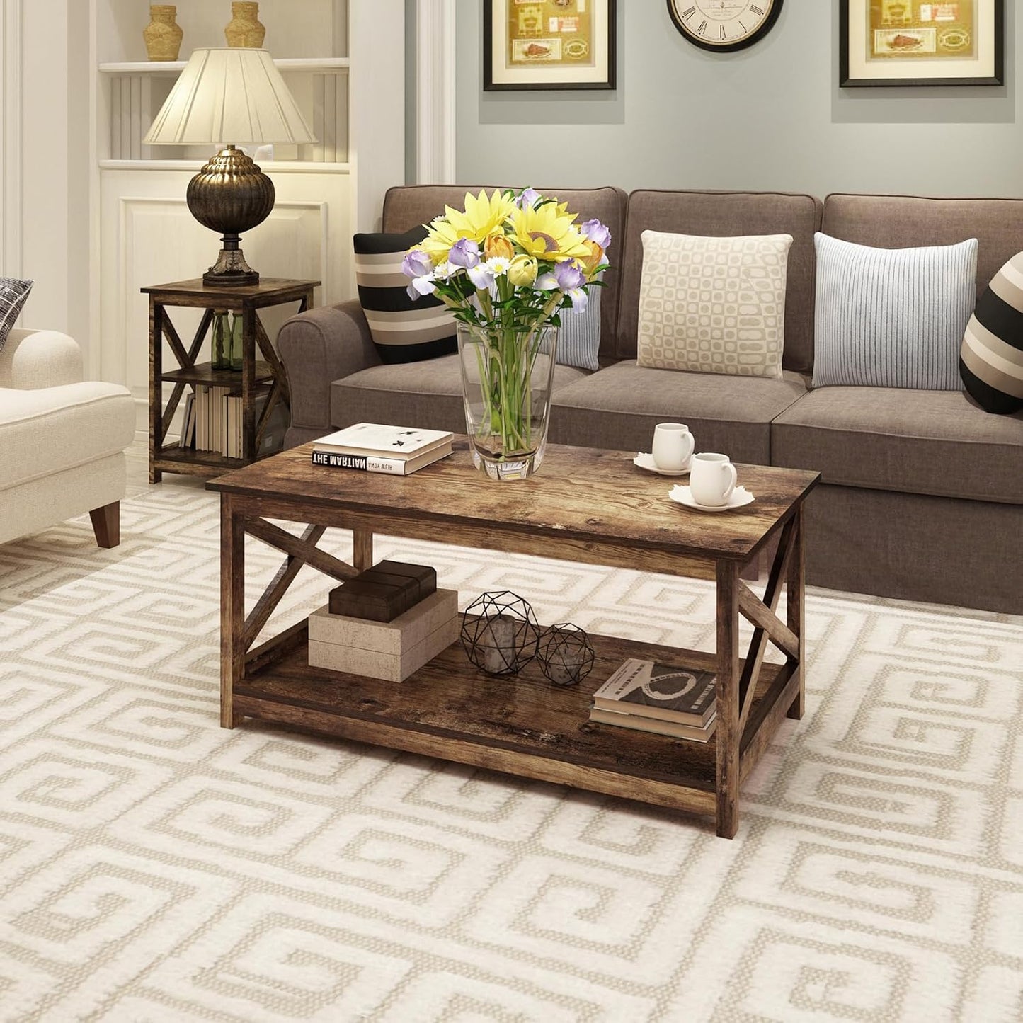 Coffee Table, Modern Farmhouse Wood Coffee Table with 2-Tier Storage, 40 Inch, Rustic