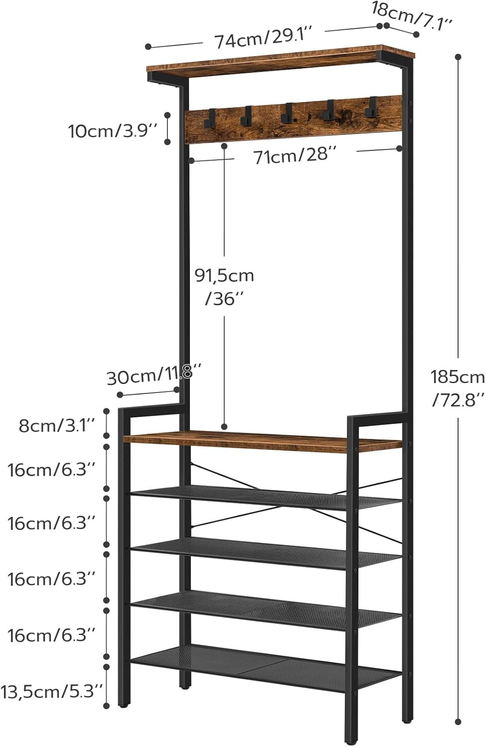 Hall Tree with Bench, Coat Rack with Shoe Storage, Shoe and Coat Rack, 5-Tier Entryway Shoe Storage, 5 Hooks, for 12-16 Pairs, Industrial, Hallway, Foyer, Mudroom, Rustic Brown BF74MT01