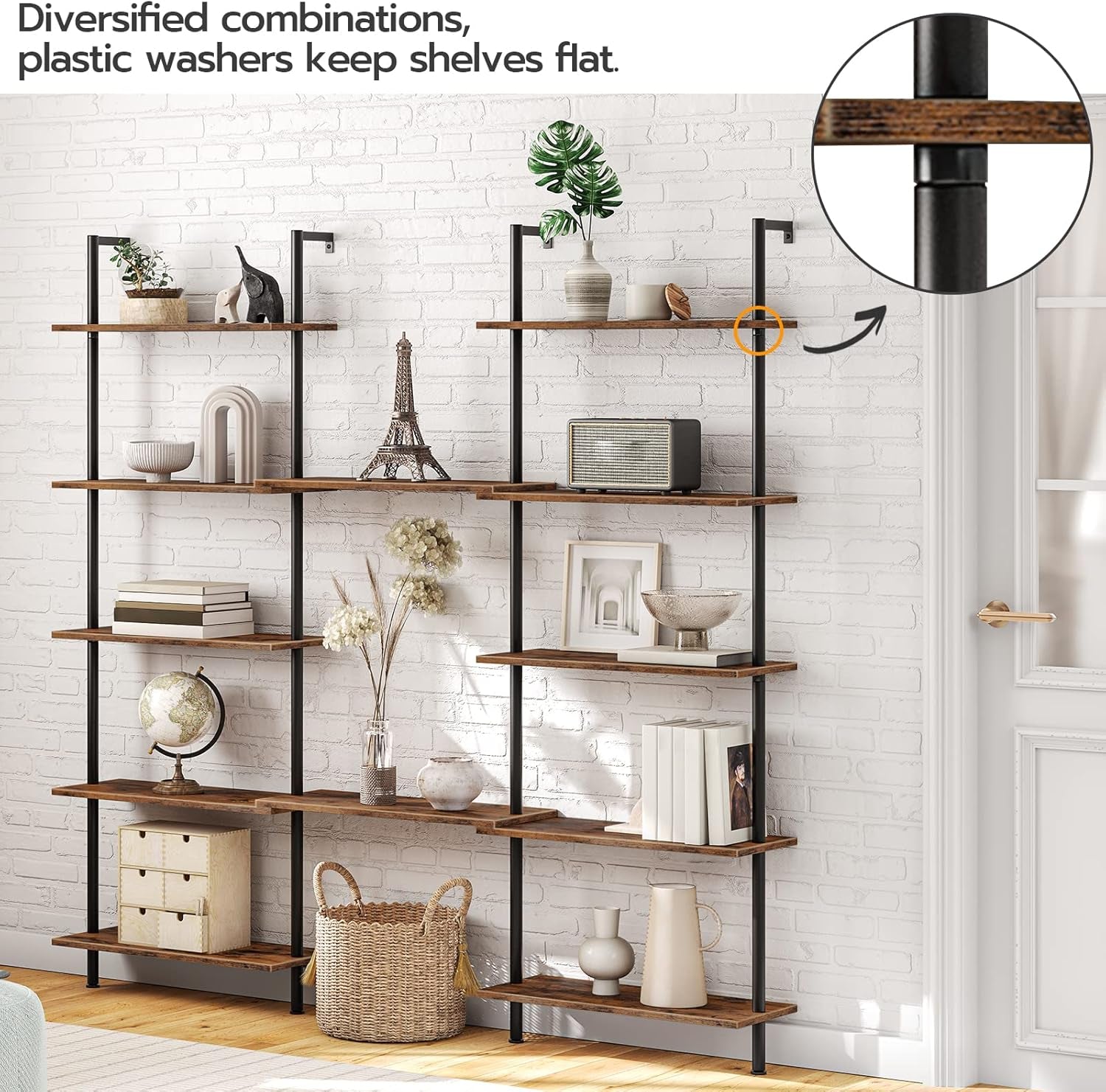 DIY Ladder Shelf, 6-Tier Wall Mounted Bookshelf, Office Vertical Bookcase, Wooden Storage Shelves for Home Office, Bedroom, Rustic Brown and Black BF65CJ01