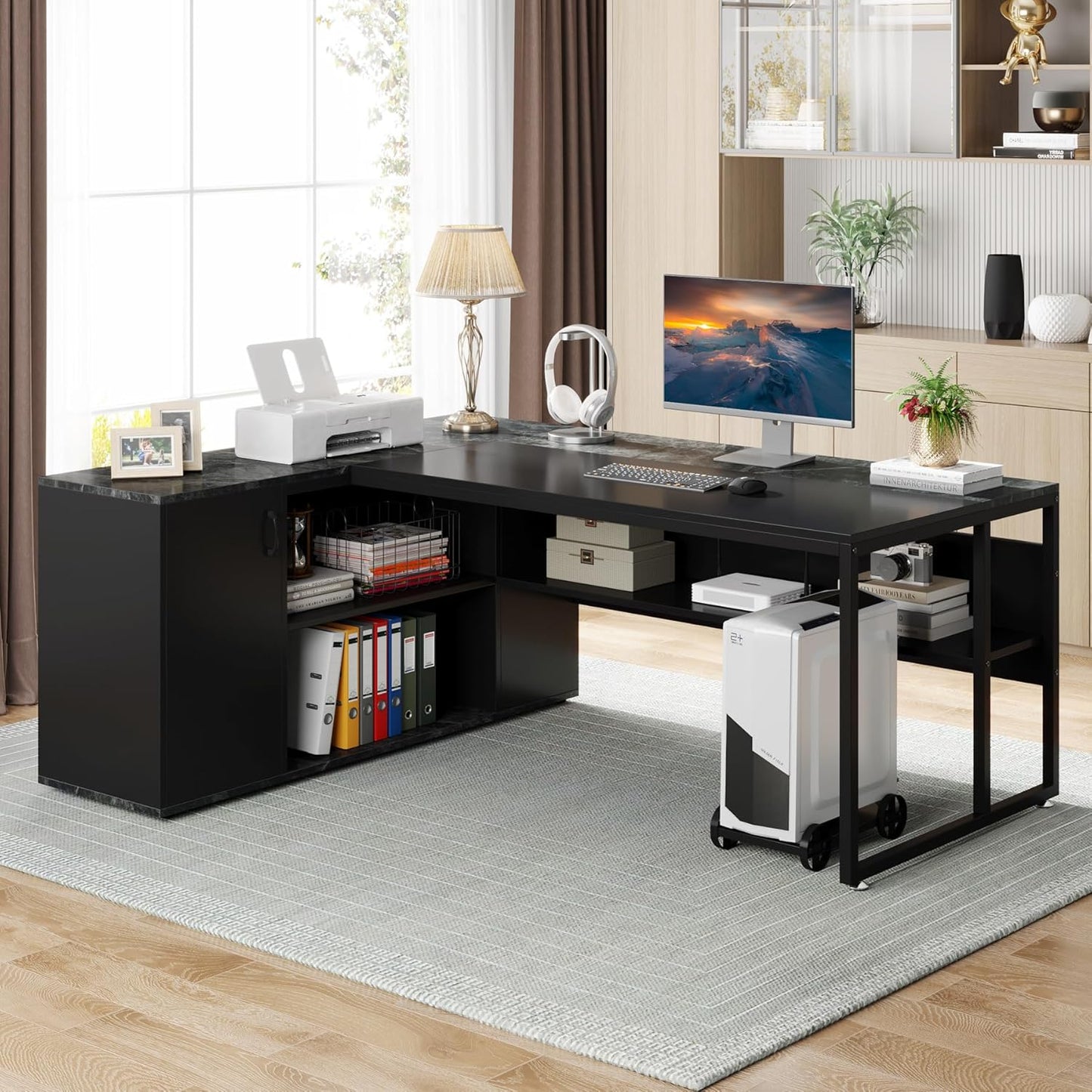 71 Inch Executive Desk, L Shaped Desk with Cabinet Storage, Executive Office Desk with Shelves, Business Furniture Set Workstation for Home Office, Black