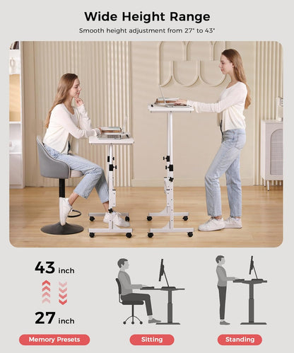 Standing Desk Adjustable Height, Mobile Stand up Desk with Wheels Small Computer Desk Rolling Desk, Portable Laptop Desk White Standing Table Home Office Desks 16"X31.5" Height 27"-43.5"
