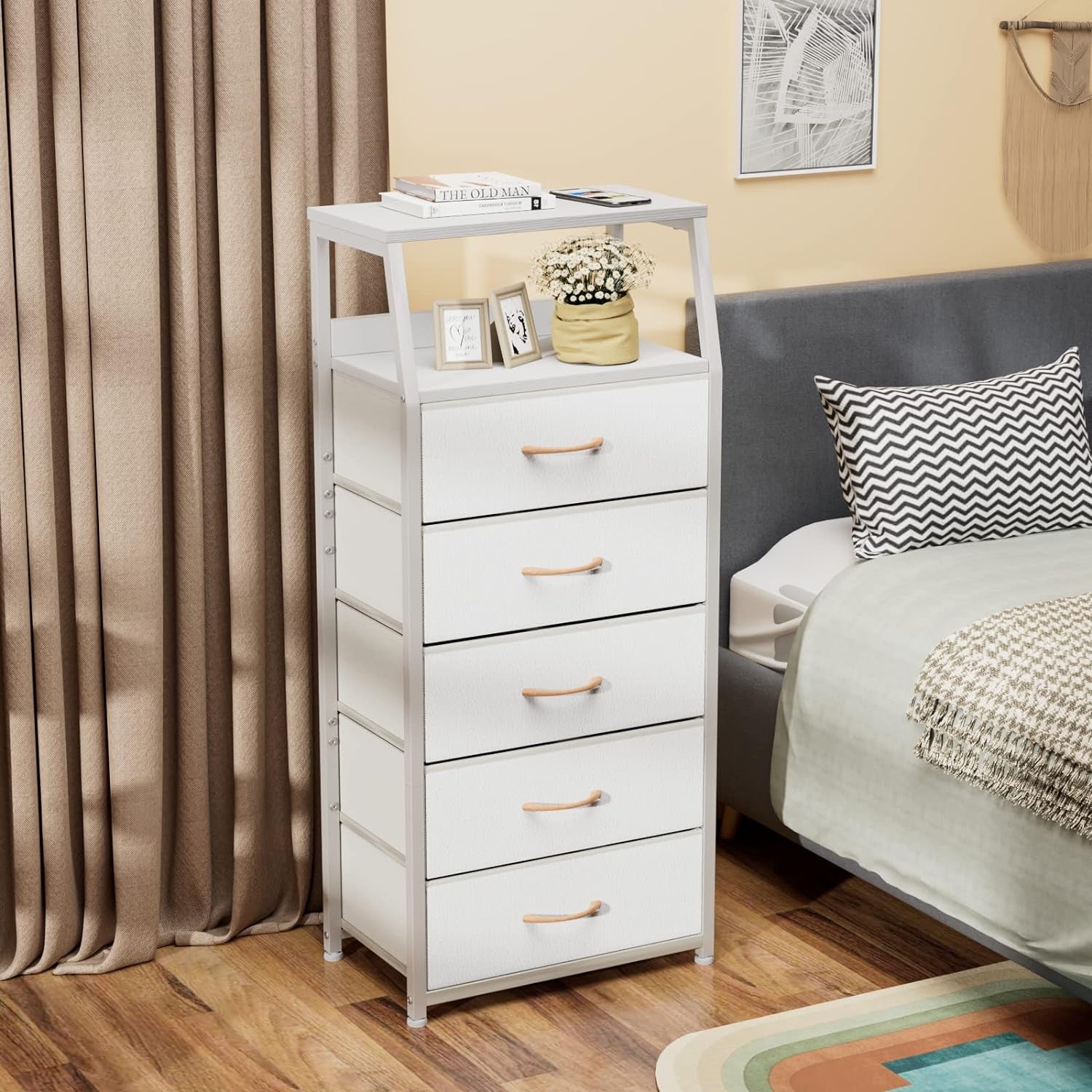 White Dresser with 5 Drawers, Vertical Storage Tower Fabric Dresser for Bedroom, Hallway, Entryway, Nursery, Closet Organizer, Nightstand Bedside Table Furniture, Sturdy Steel Frame, Wood Top
