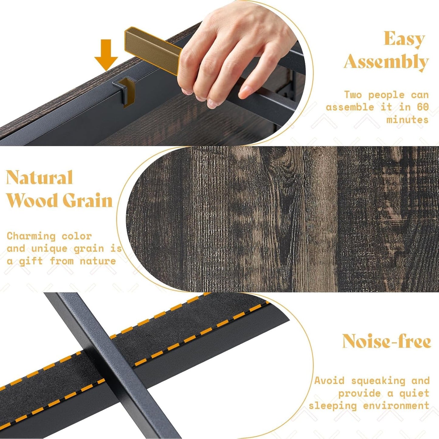 Farmhouse Bed Frame with 4 Drawers, Wooden Storage Bed Frame with Headboard and Heavy Duty Metal Slats, Noisy Free, Easy Assemble (Rustic Black, Queen)