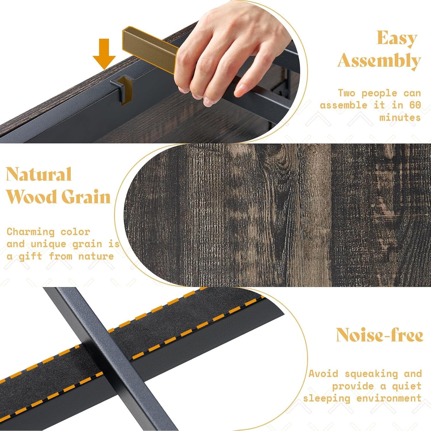 Farmhouse Bed Frame with 4 Drawers, Wooden Storage Bed Frame with Headboard and Heavy Duty Metal Slats, Noisy Free, Easy Assemble (Rustic Black, Queen)