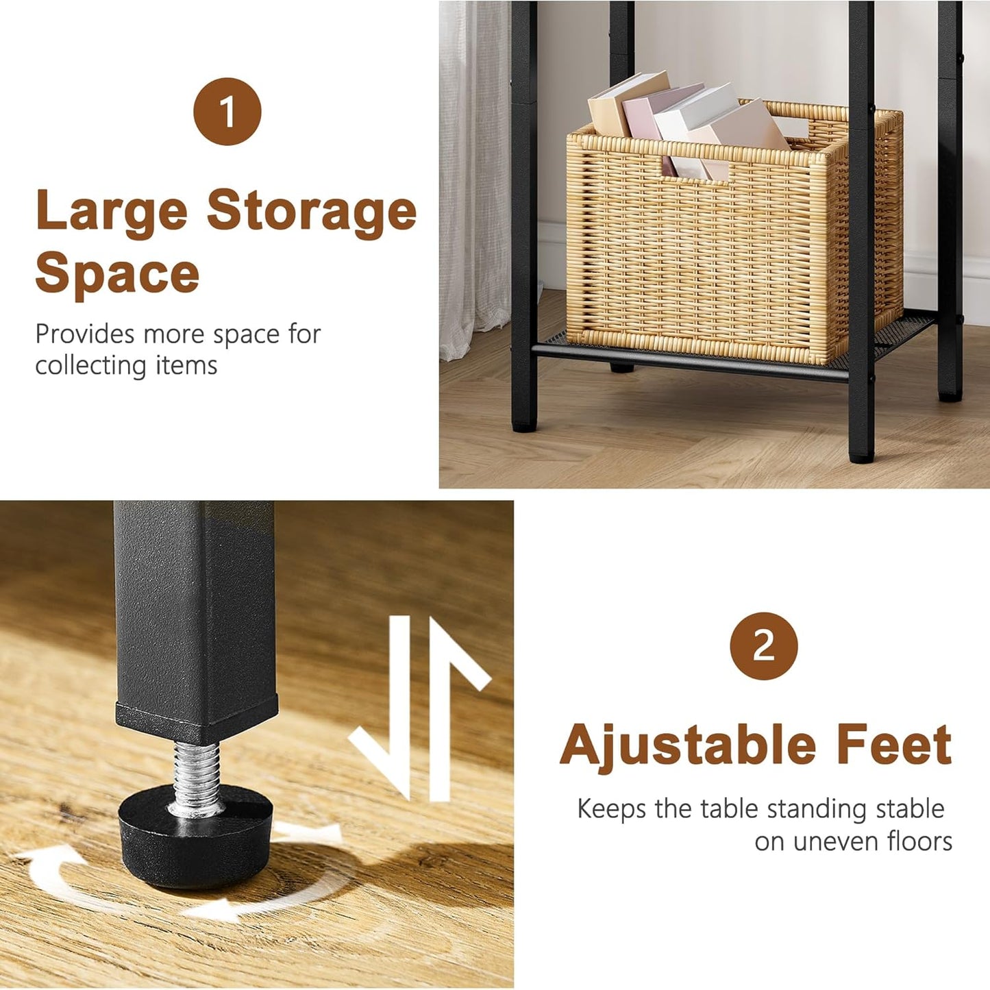 3 Tier End Table, Telephone Table, Narrow Side Table with Storage, Nightstand for Small Spaces, Metal Frame, for Living Room, Bedroom, Sofa Couch, Hall, Easy Assembly, Rustic Brown