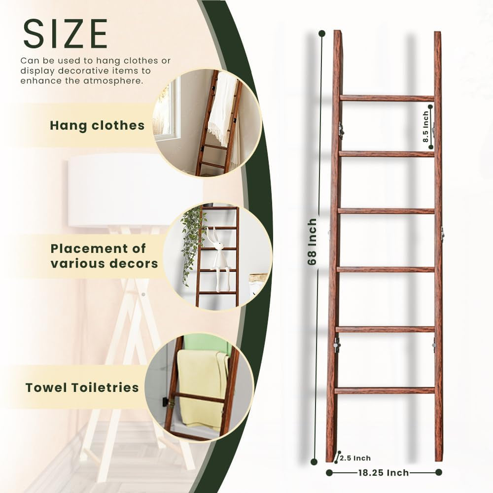 Decorative Wooden Blanket Ladder for the Living Room and Bedroom, 5Ft 8 Inch, Pine Wood Quilt Ladder, 6-Tier Wall Leaning Blanket Rack Stand, Farmhouse Blanket Ladder for Home Décor N Display.(Brown)
