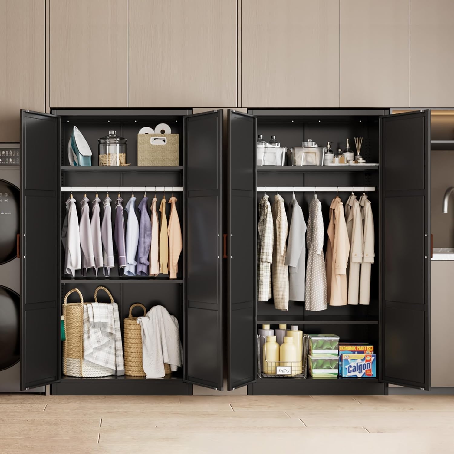 Metal Storage Cabinet with Hanging Rail, Black Armoire Wardrobe Closet with 2 Doors,71" H Storage Closet Cabinets with Adjustable Shelves and Removable Hanging Rods