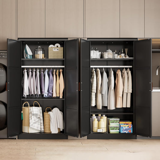 Metal Wardrobe Cabinet with Hanging Rod, 72" H Metal Clothing Storage Cabinets with Adjustable Shelves and 2 Doors, Black Armoire Wardrobe Closet for Bedroom, Laundry Room, Cloak Room
