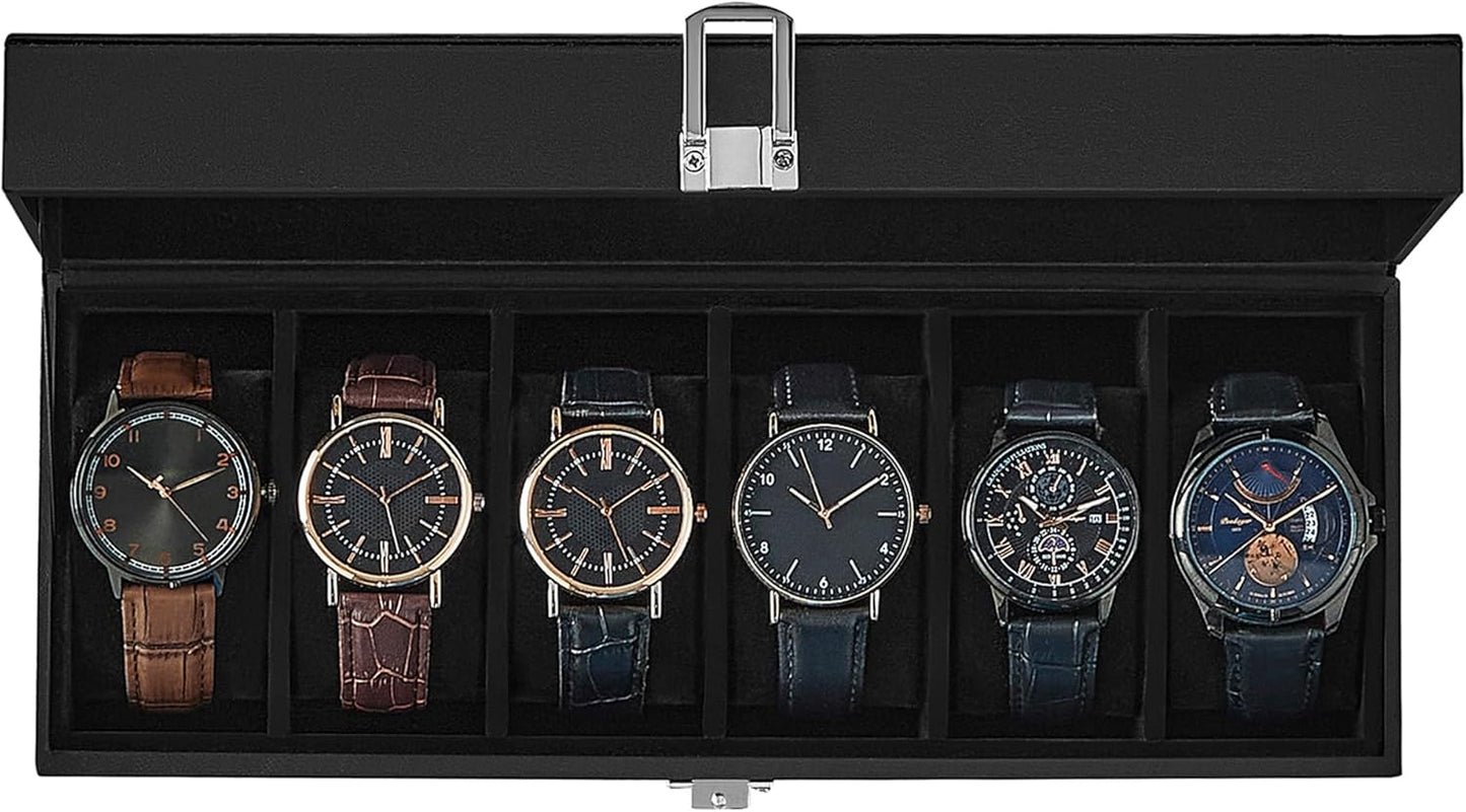 Watch Box, 12-Slot Watch Case with Large Glass Lid, Removable Watch Pillows, Watch Box Organizer, Gift for Loved Ones, Black Synthetic Leather, Wine Red Lining UJWB120R01