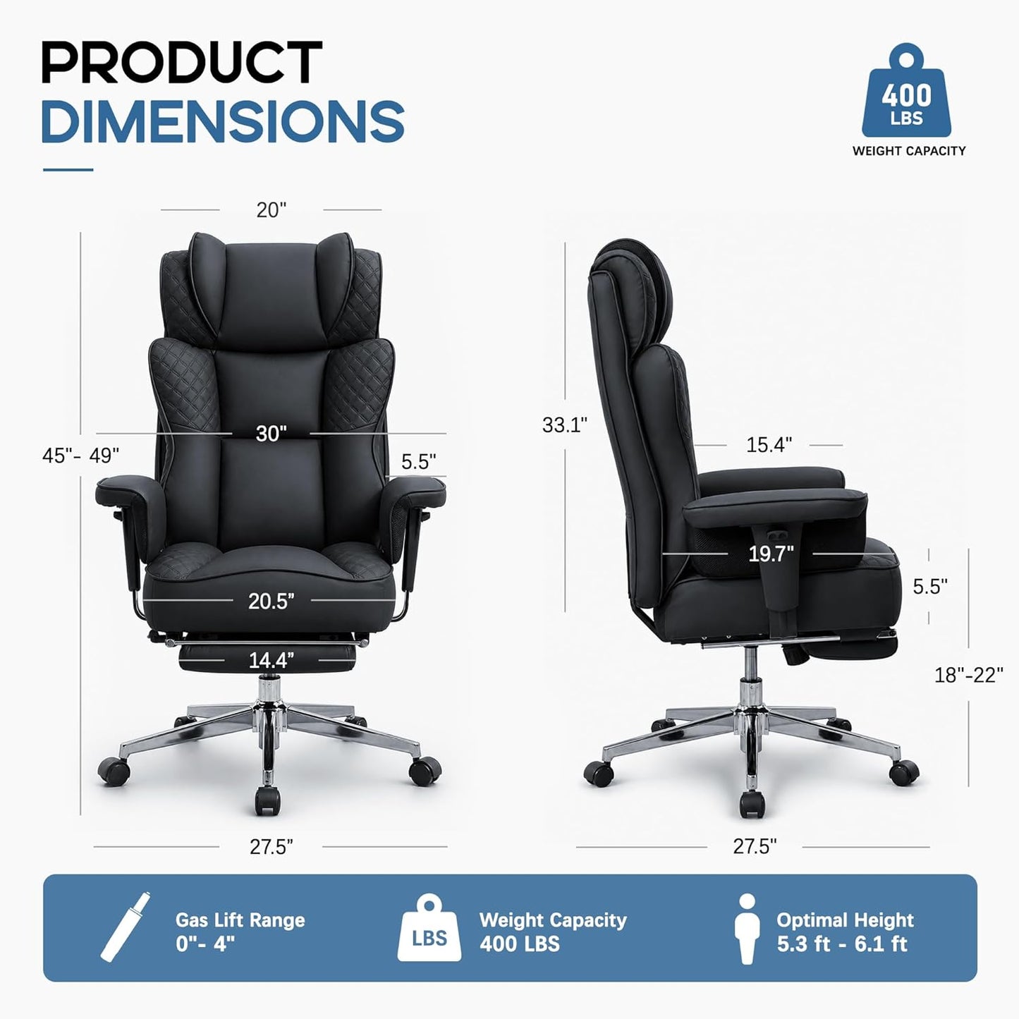 Office Desk Chair, High-Back Big and Tall Leather Chair with Footrest, Ergonomic Reclining Computer Chairs, Comfy Executive Wide Chair with Lumbar Support, Adjustable Padded Armrests, 400LBS (Black)