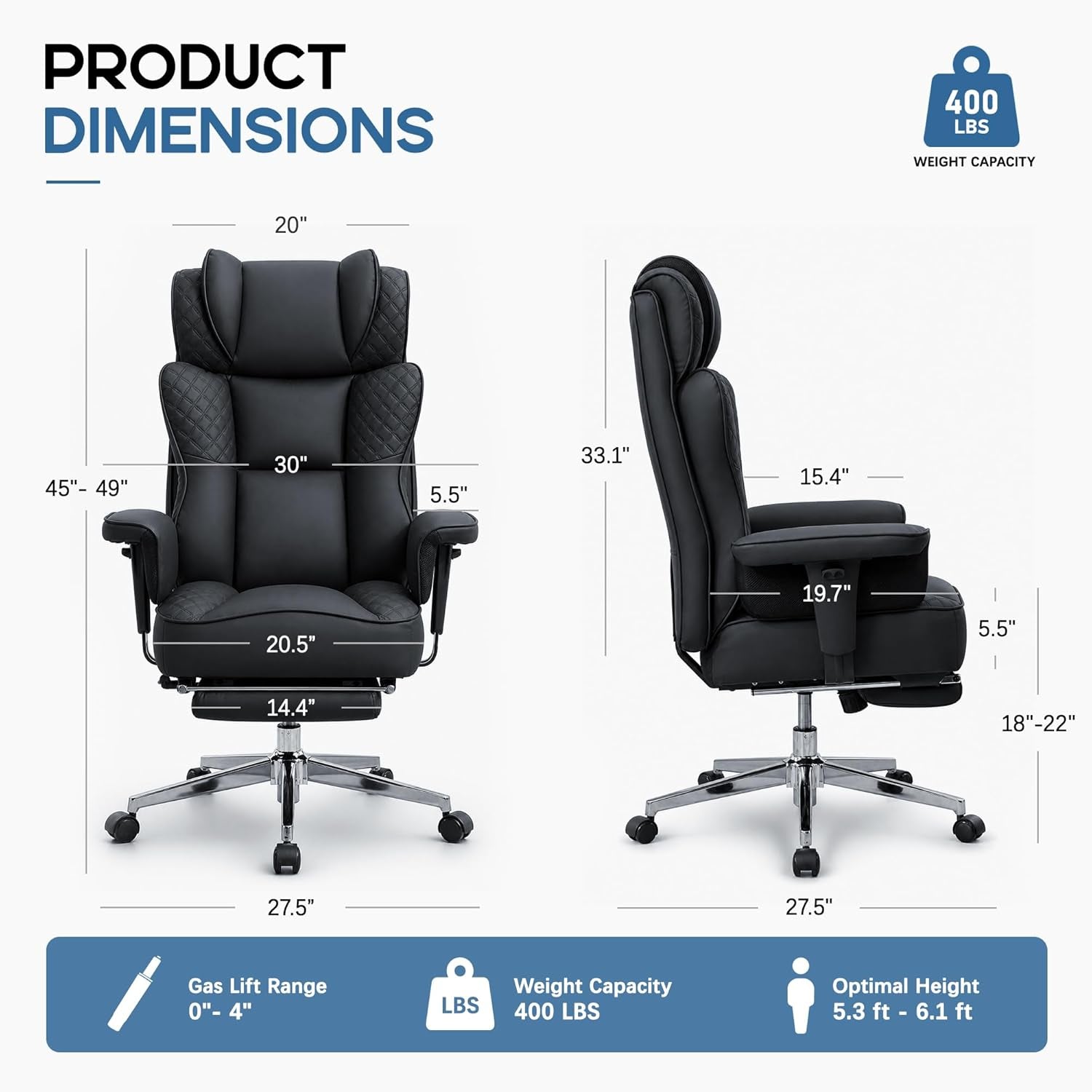 Office Desk Chair, High-Back Big and Tall Leather Chair with Footrest, Ergonomic Reclining Computer Chairs, Comfy Executive Wide Chair with Lumbar Support, Adjustable Padded Armrests, 400LBS (Black)
