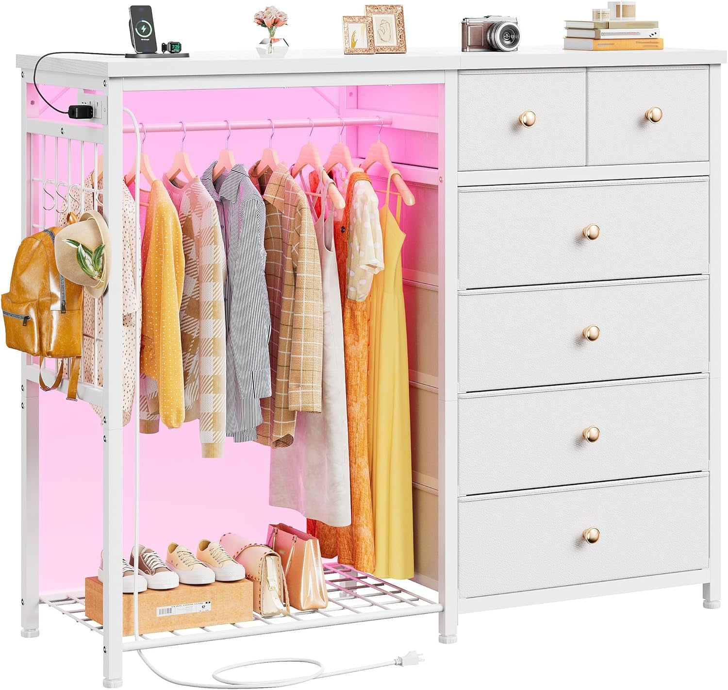 49.2" W White Dresser for Bedroom with Hanging Rack, 6 Drawers Dresser with LED Lights & Charging Station, Fabric Dressers & Chest of Drawers with Rack, Wooden Top, Grid Panel