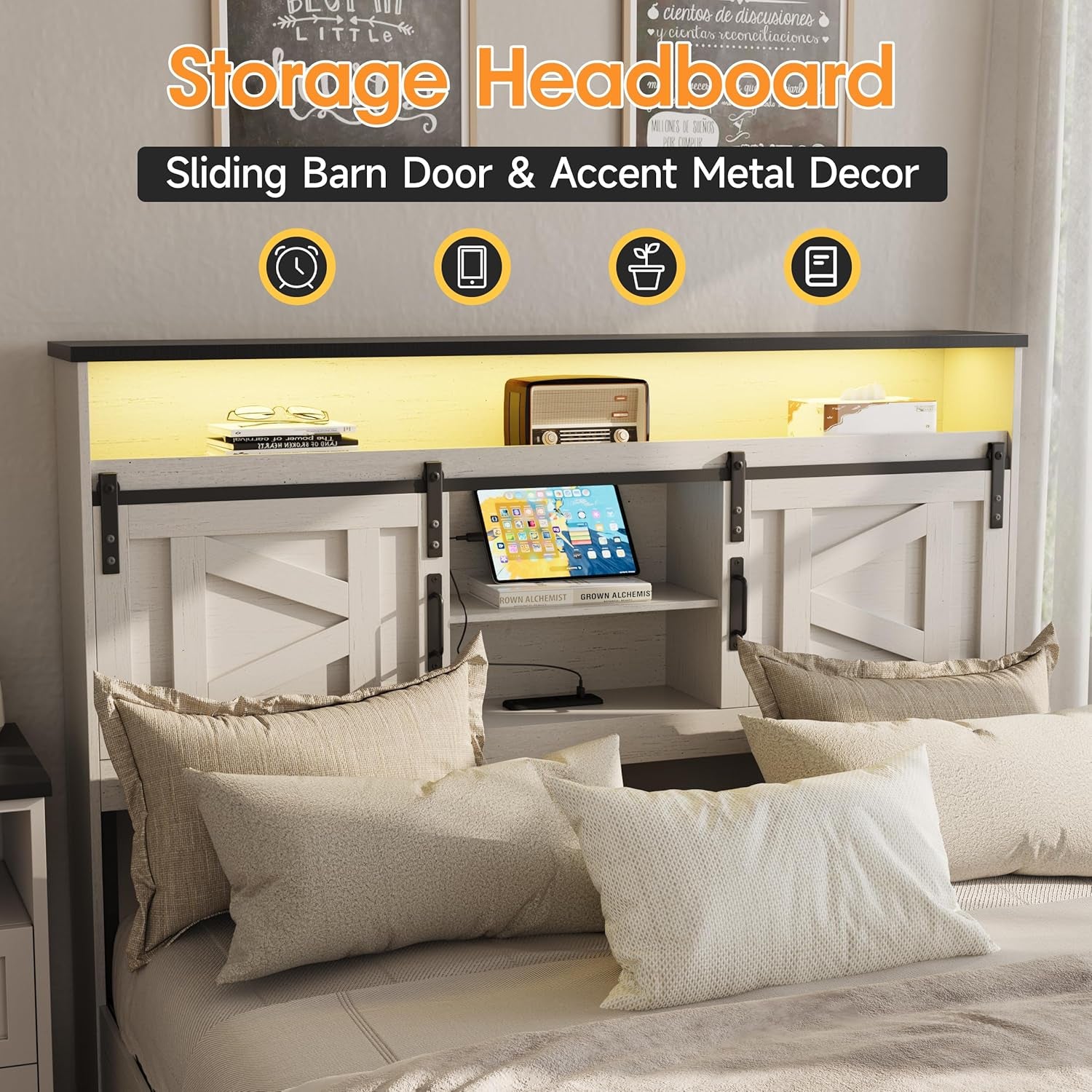 Farmhouse Full Size Bed Frame with 4 Drawers and Bookcase Headboard, Sliding Barn Door Storage Shelves, LED Lights and Charging Station, No Box Spring Needed, Antique White