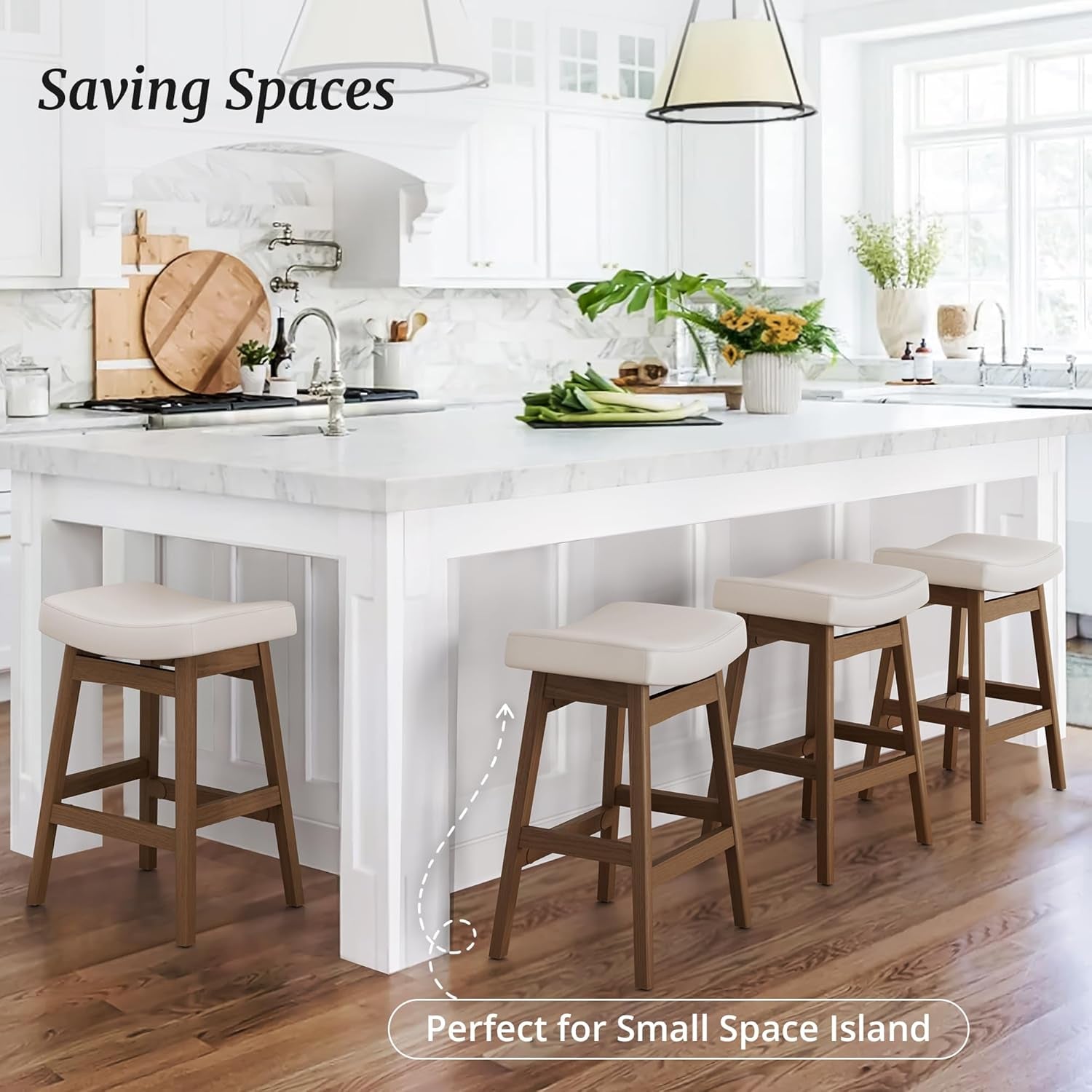 Bar Stools Set of 3, Barstools with Sturdy Wood Legs, Saddle Seat Counter Height Bar Stools for Kitchen Counter, Bar, Dining, 24 Inch Farmhouse Counter Stools, Antique White Leather