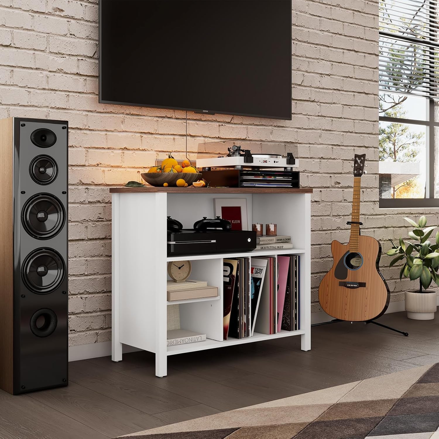 Record Player Stand, Mid-Century Vinyl Record Storage Cabinet, 3-Tier Record Player Holder, Turntable Stand with 4 Cabinet up to 220 Albums, End Table for Bedroom Music Room Living Room, White