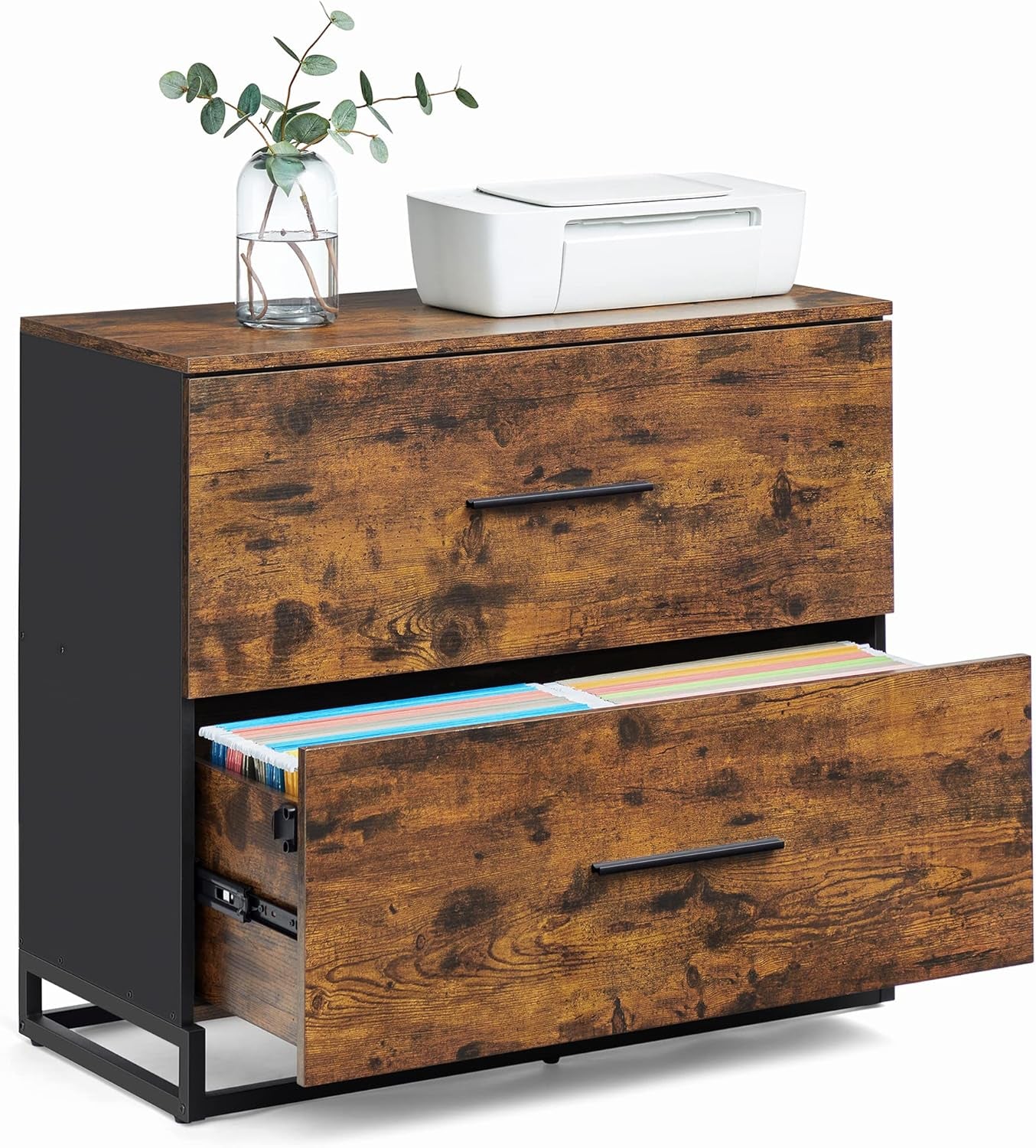 Lateral File Cabinet, Home Office Printer Stand, 2-Drawer Filing Cabinet, with Anti-Tip Interlocking Mechanism, for A4, Letter-Size, Legal-Size Hanging Files, Rustic Brown and Ink Black