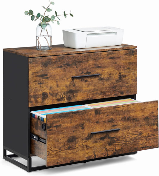 Lateral File Cabinet, Home Office Printer Stand, 2-Drawer Filing Cabinet, with Anti-Tip Interlocking Mechanism, for A4, Letter-Size, Legal-Size Hanging Files, Rustic Brown and Ink Black