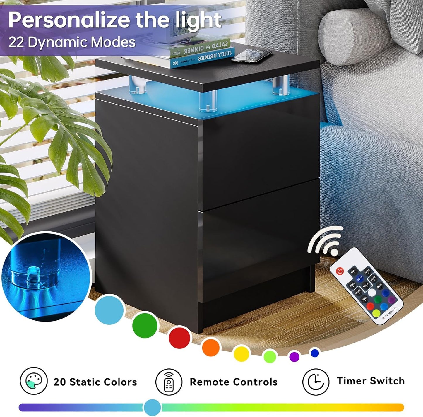 4-Piece Modern Living Room Table Set, Includes High Gloss 70" Fireplace TV Stand, LED Coffee Table and End Tables Set of 2 with Storage Drawers, Black