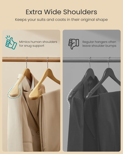 Extra Wide Wooden Suit Hangers, Set of 10 Clothes Hangers, Swivel Hooks, Non-Slip Bars, for Outfits, Suits, Coats, Shirts, Dresses, Natural Color UCRW050KZ02