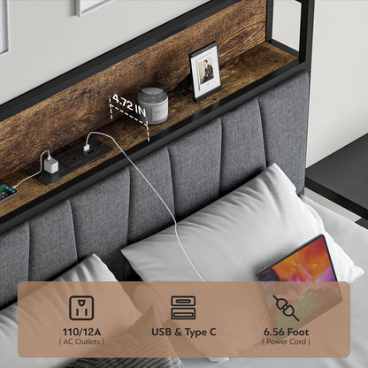 Queen Size Bed Frame with Headboard and Storage, Drawers Platform Bed Frame with Storage Chargin Station LED Light Bedframe, Heavy Duty, No Box Spring Needed