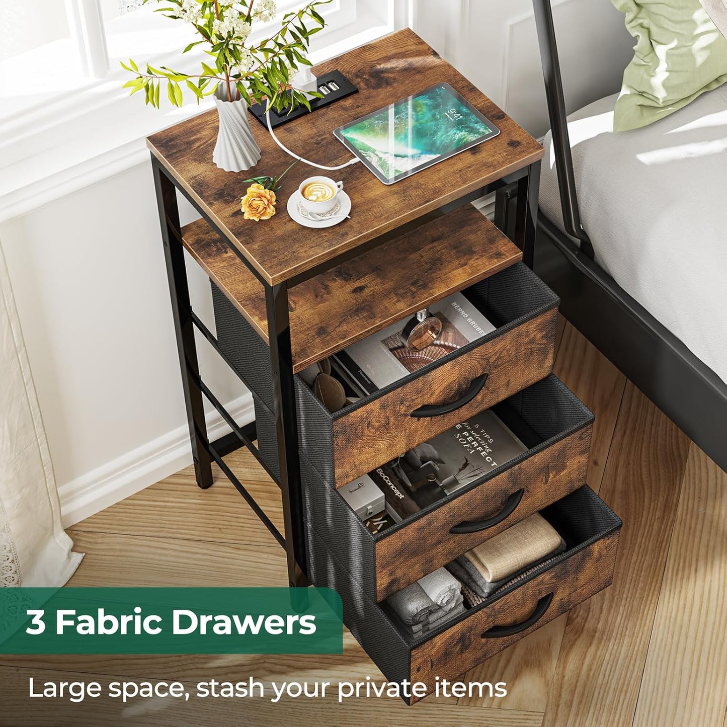 Nightstand with Charging Station, 27.6 Inch Bedside Table with Fabric Drawers, End Table with USB Ports and Outlets, Night Stand for Bedroom, Rustic Brown