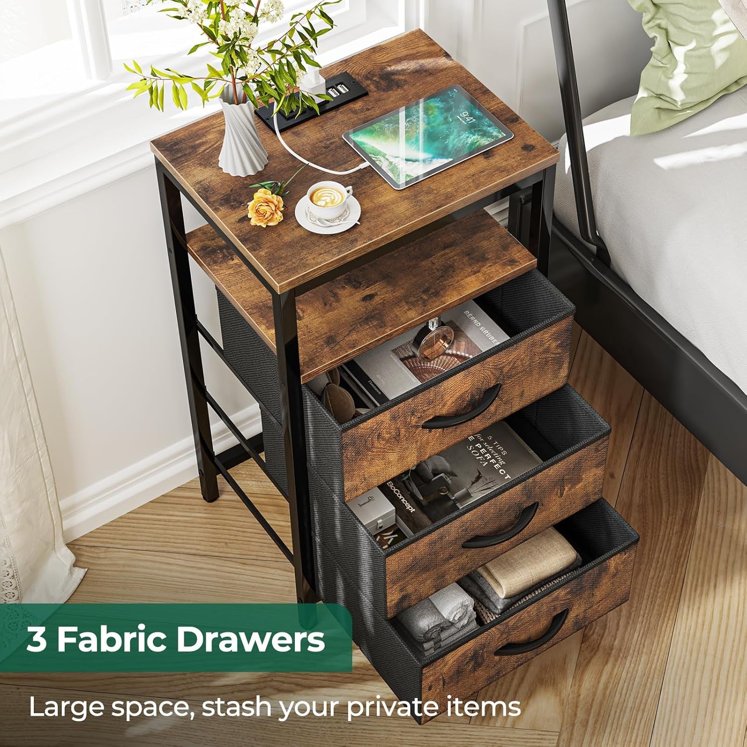 Nightstand with Charging Station, 27.6 Inch Bedside Table with Fabric Drawers, End Table with USB Ports and Outlets, Night Stand for Bedroom, Rustic Brown