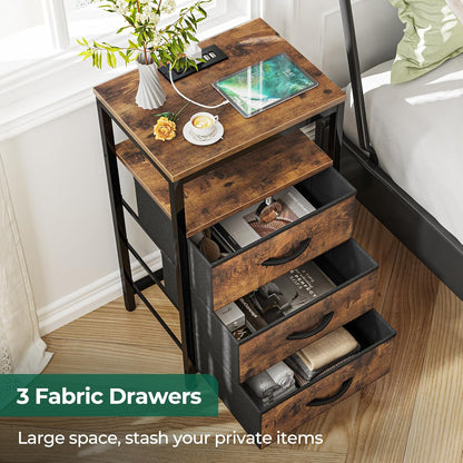 Nightstand with Charging Station, 27.6 Inch Bedside Table with Fabric Drawers, End Table with USB Ports and Outlets, Night Stand for Bedroom, Rustic Brown