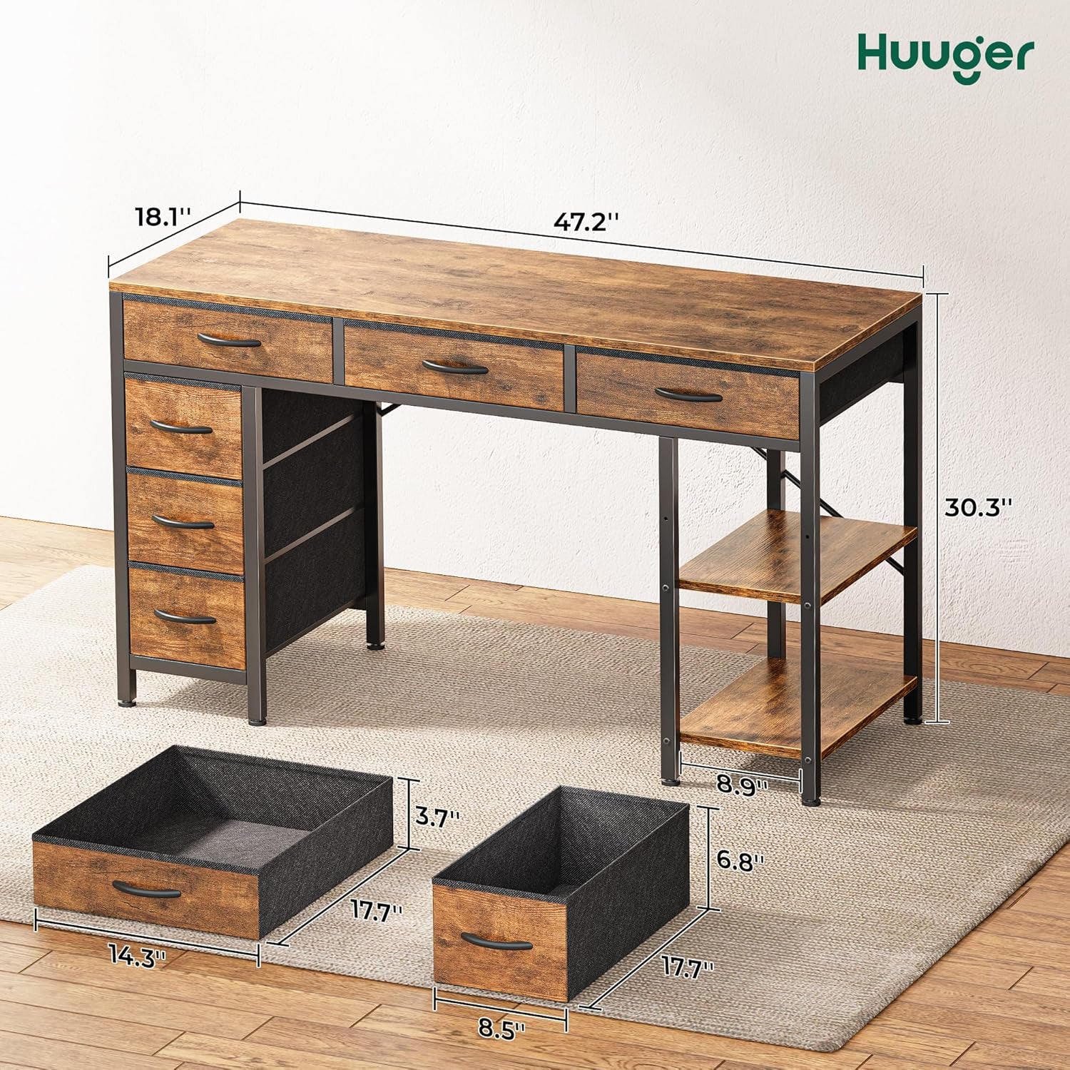 Computer Desk with 6 Drawers, Office Desk with Shelves, Reversible Gaming Desk, Corner Desk with Storage, Work for Home Office, Study, Living Room, 47Inch, Rustic Brown