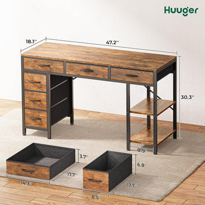 Computer Desk with 6 Drawers, Office Desk with Shelves, Reversible Gaming Desk, Corner Desk with Storage, Work for Home Office, Study, Living Room, 47Inch, Rustic Brown