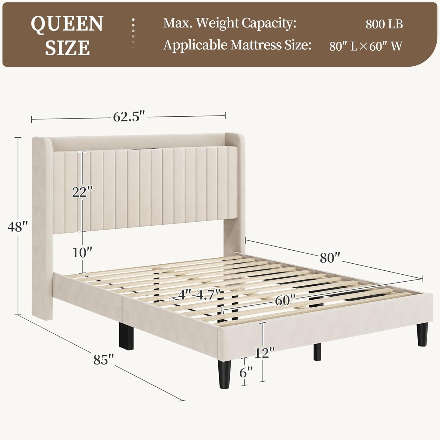 Queen Bed Frame with USB Charging Station and Storage Shelf/Upholstered Headboard Platform Bed with Wing Side/Wooden Slats Support/Noise Free/No Box Spring Needed/Easy Assembly, Ivory