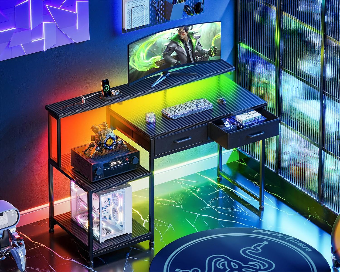 Gaming Desk with Led Lights & Power Outlet, 48 Inch Computer Desk with Drawers, Office Desk with Large Display Storage Shelves, Reversible Desk with Monitor Stand for Home, Carbon Fiber Black