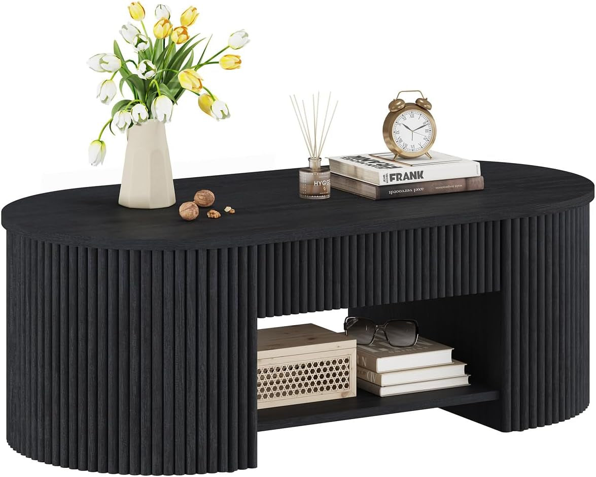 Coffee Table for Living Room Storage, Modern Wood Fluted Center Table with Drawer, Mid-Century Oval Living Room Tables with Shelf (Black, 43.31 Inch)