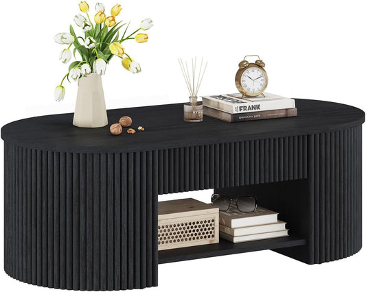 Coffee Table for Living Room Storage, Modern Wood Fluted Center Table with Drawer, Mid-Century Oval Living Room Tables with Shelf (Black, 43.31 Inch)