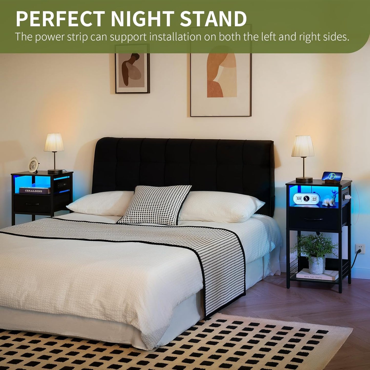 Record Player Stand with Storage - End Table with Charging Station & LED Lights, Vinyl Record Storage Holds up to 100 Albums, Nightstand with Drawer for Living Room Bedroom, Black