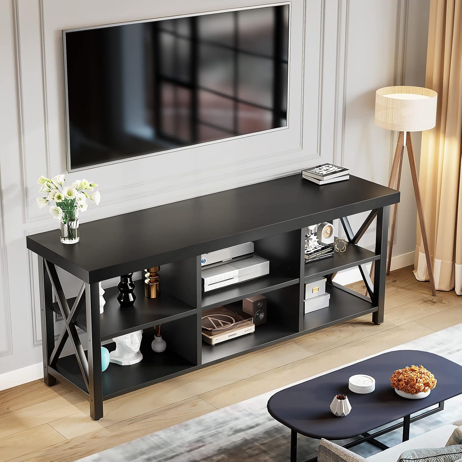 TV Stand for TV up to 65 Inches, Entertainment Center with 6 Storage Cabinet for Living Room, 55 Inch Farmhouse Television Stands Console Table, Industrial TV Stands for Living Room, Black
