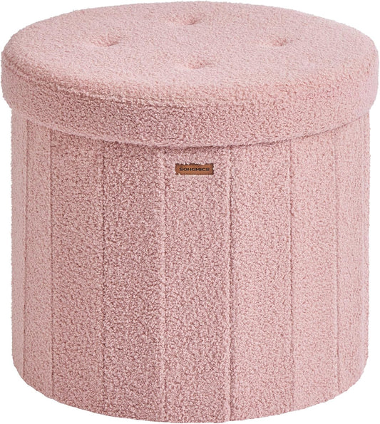 Mazie Collection - round Storage Ottoman, Folding Footrest Stool with Removable Lid, Easy Assembly, Teddy Fleece Vanity Stool for Bedroom, Living Room, Entryway, Jelly Pink ULSF606R01