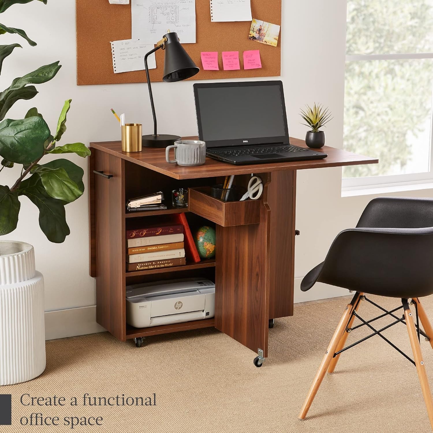 Folding Dining Table, Multipurpose Space Saving Collapsible Drop Leaf Extension Desk W/Wheels, 3 Storage Shelves - Brown