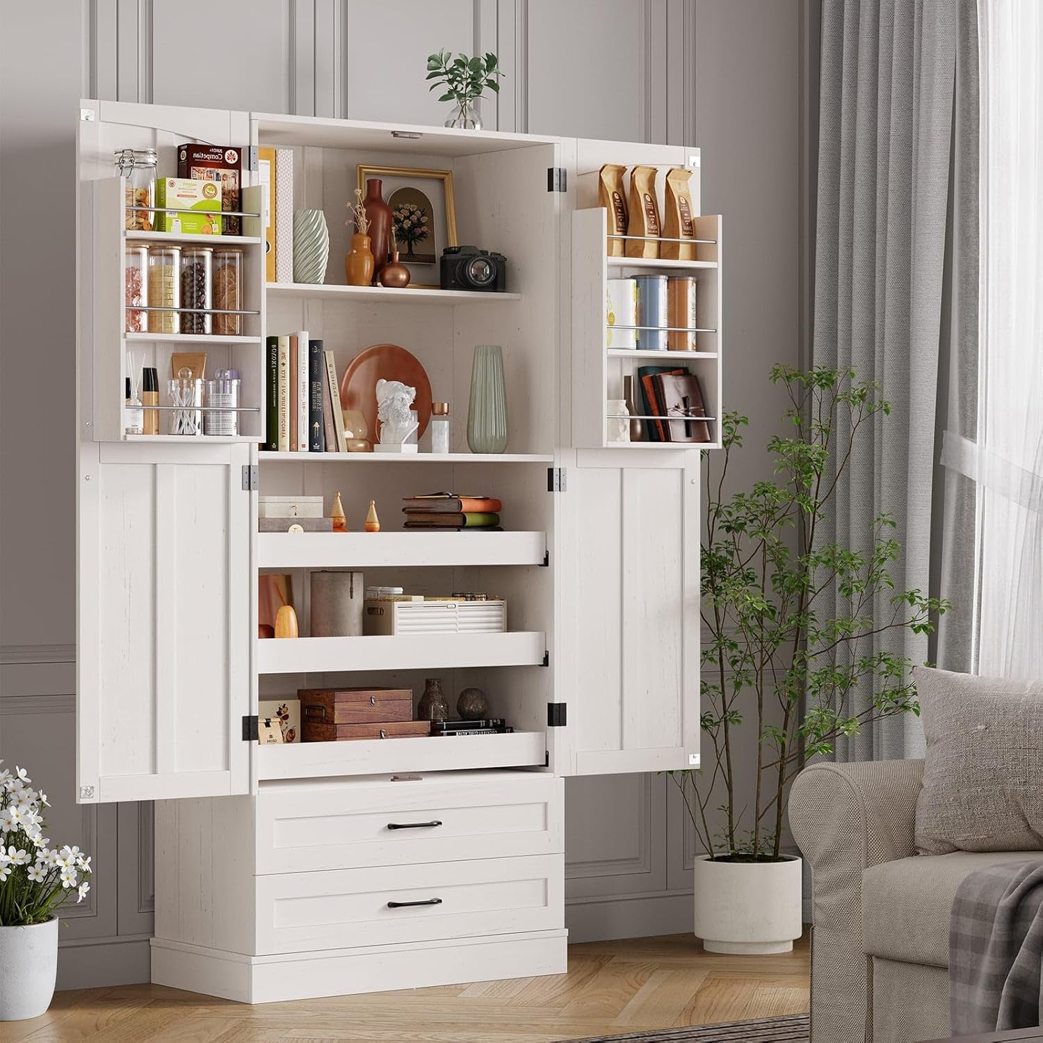 71" Tall Farmhouse Kitchen Pantry Cabinet with 3 Pull Out Shelves & 2 Large Drawers, Pantry Storage Cabinet with 6 Door Shelves & Adjustable Shelf, Freestanding Pantry for Kitchen, Dining Room