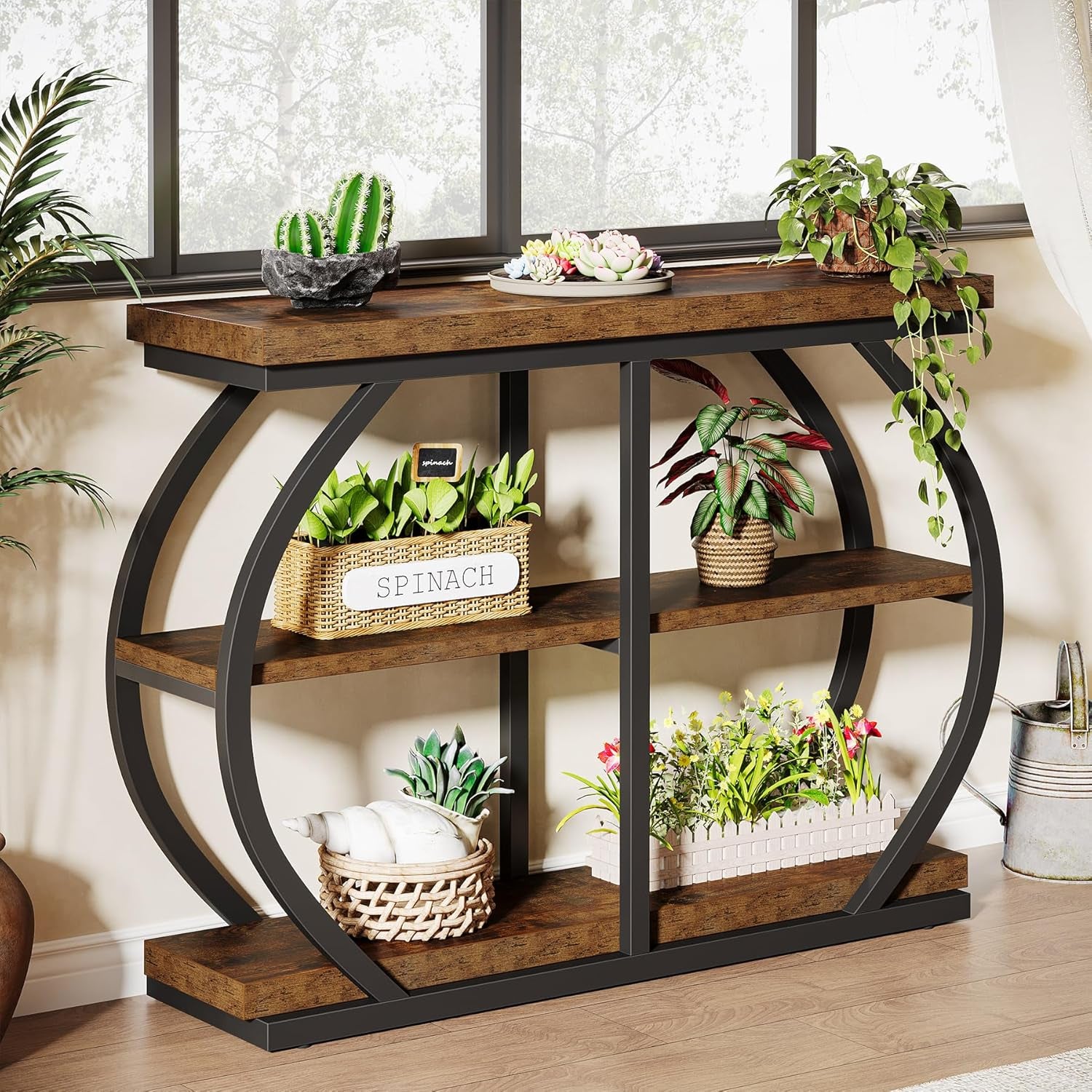 41.3" Console Table, Industrial 3-Tier Entryway Table with Arched Metal Frame and Storage Shelves for Living Room, Hallway, Rustic Brown