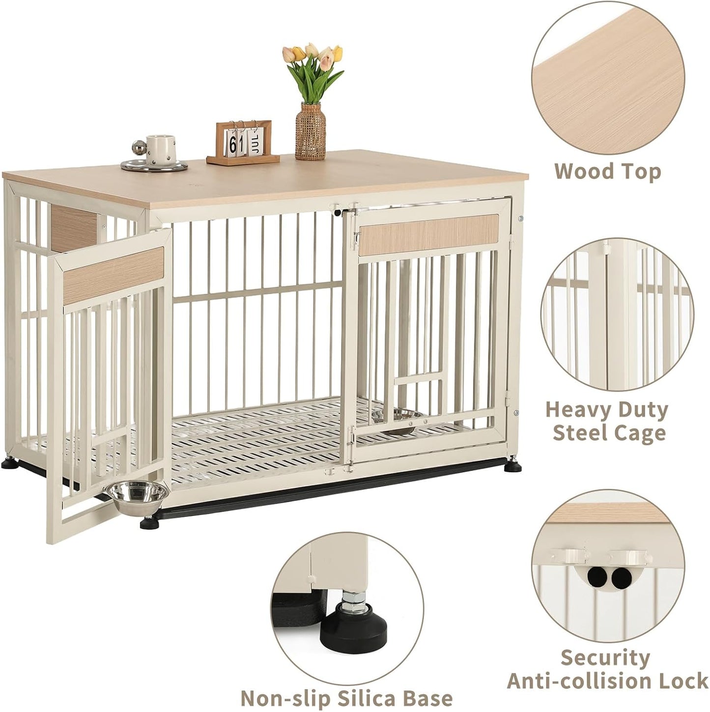 48 Inch Heavy Duty Dog Crate Furniture with Removable Tray & 2 Feeders, Decorative Pet House End Table, Extra Large Wooden Cage Kennel Furniture Indoor, Natural and White